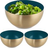 Relaxdays 3x saladeschaal - 2 liter - groen-goud - serveerschaal - rond - mengkom - rvs
