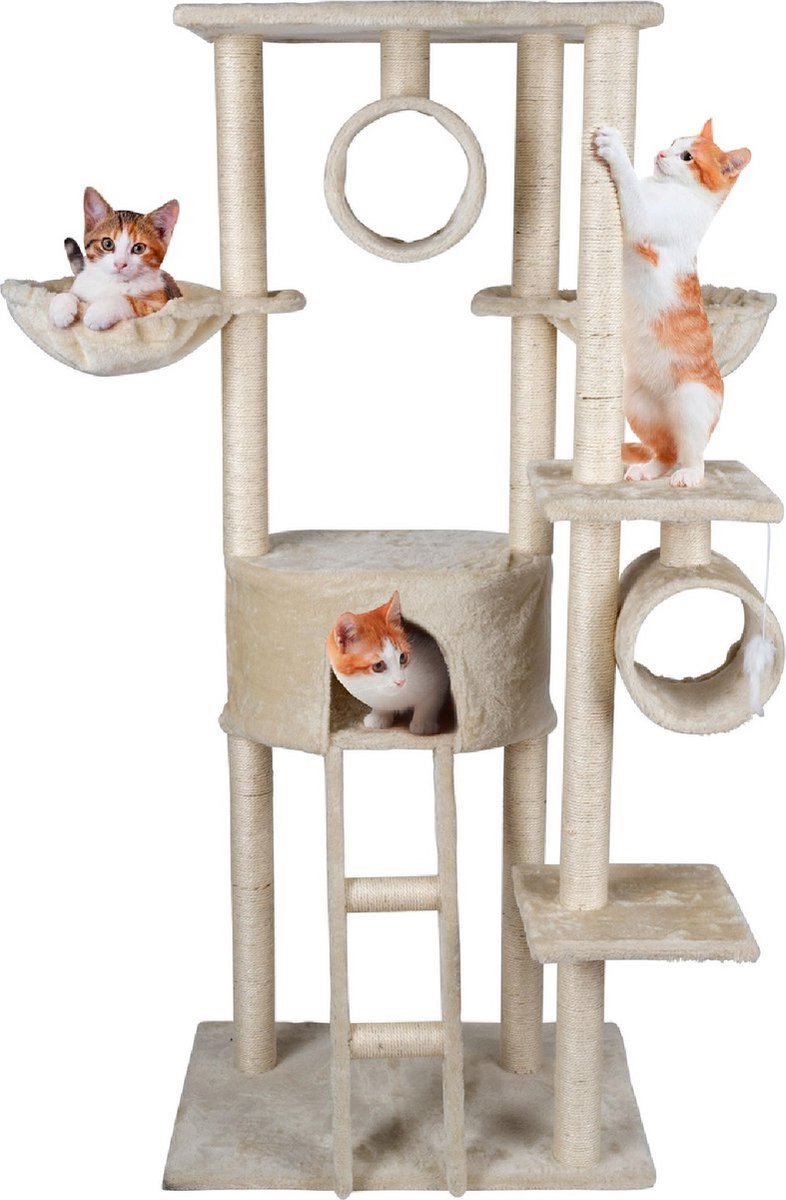 MaxxPet Krabpaal - Kattenspeelgoed - 165 CM - Kattenpaal - met Kattenhuis en Kattentunnel - voor Grote en Kleine Kat - Sisal - Beige