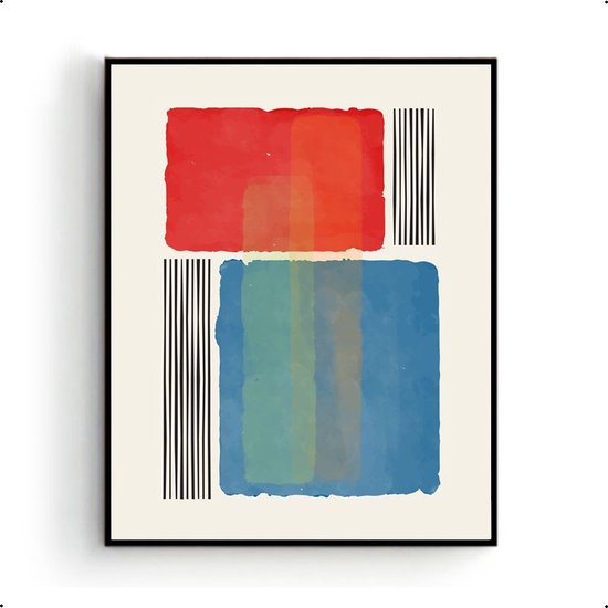 Postercity - Poster Abstract gekleurde kunst met lijnen rood blauw - Abstracte Kunst - 50x40cm