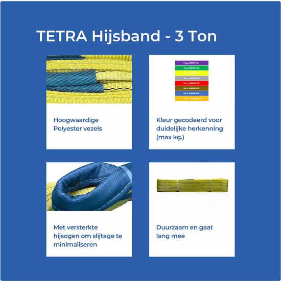 TETRA Hijsband - 3 Ton. "Hoogwaardige Polyester vezels", "Kleur gecodeerd voor duidelijke herkenning (max kg.)", "Met versterkte hijsogen om slijtage te minimaliseren", "Duurzaam en gaat lang mee".