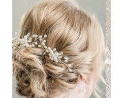 Haar in Stijl® Safa Leaf Serie - Set van 3 zilveren haarsteken met kristallen en parel kraaltjes | Haaraccessoires haarversiering voor dames bruid feest bruidsmode | Haarpin haarschuifje haarsteek