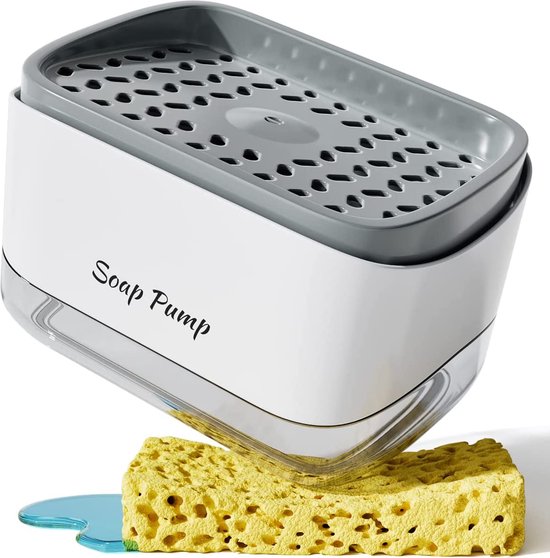 2-in-1 Afwaszeepdispenser met sponshouder voor keuken, handpomp gootsteen afwas zeepdispenser aanrecht organizer