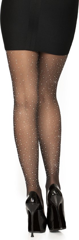 Zwarte panty met sprankelende, zilverkleurige steentjes, gezien vanaf de achterkant.