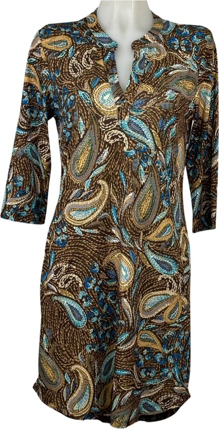 Angelle Milan - Travelkleding voor dames - Multikleur pauw blauw/geel - Ademend - Kreukherstellend - Duurzame zomerjurk - Maat L - in 5 maten!