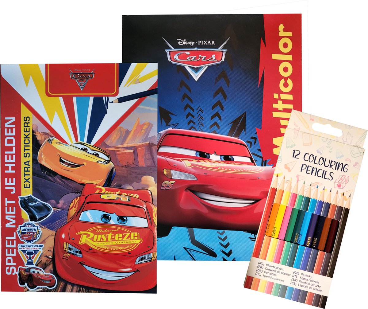 Disney Pixar Cars - rood - kleurboek met 32 pagina's waarvan 17 kleurplaten met illustraties in kleur - doe boek incl. 2 pagina's stickers en 31 opdrachten - 12 kleurpotloden - mqueen - takel - knutselen - verjaardag - kado - cadeau