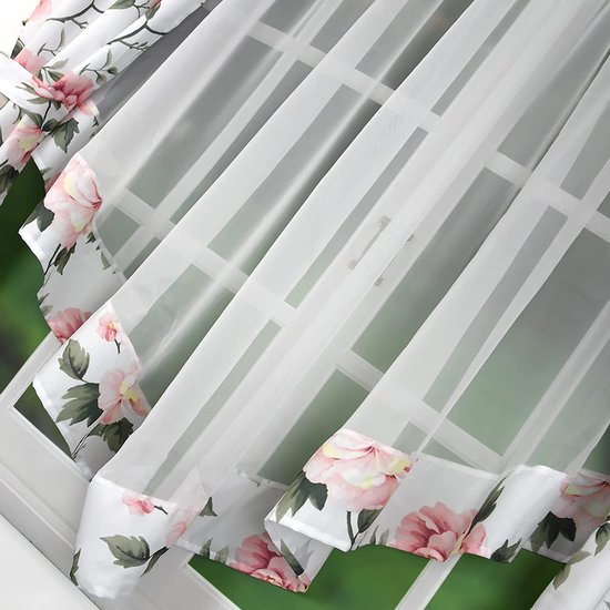 Transparante Tule Gordijnen met Bloemenpatroon, 100 x 200 cm, Roze, Dunne Zonwerende Gordijnen voor Slaapkamer, Woonkamer en Café