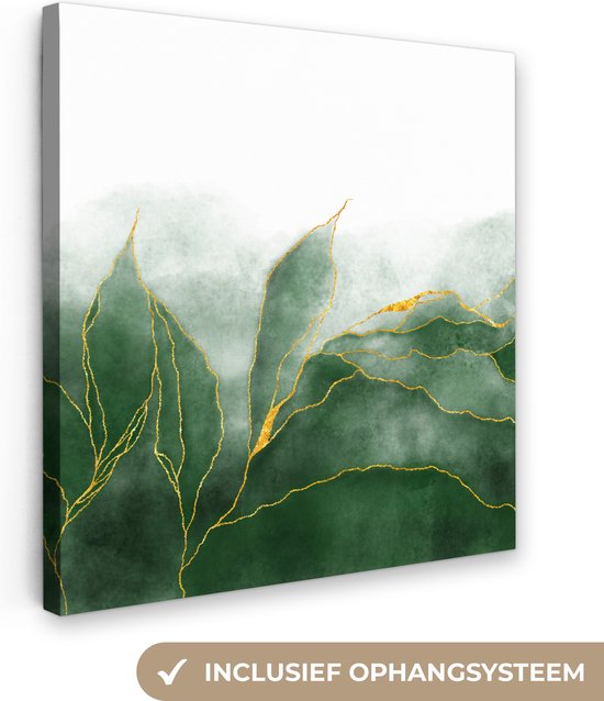 Canvas Schilderij Marmer - Groen - Luxe - Goud - Marmerlook - 50x50 cm - Wanddecoratie