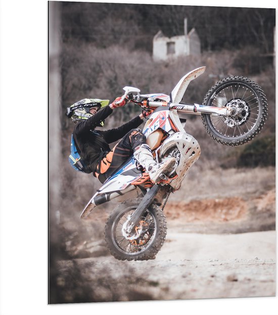 Dibond - Man Stuntend op Motor op Motorcross Parcour - 75x100 cm Foto op Aluminium (Met Ophangsysteem)