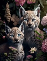 AI - Woondecoratie - Poster - Dieren - Welp - Bloemen en jungle - 31 - 60 x 80 cm