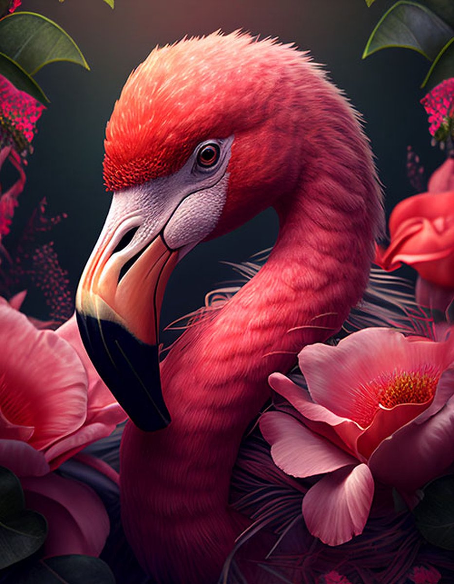 AI - Woondecoratie - Poster - Dieren - Flamingo - Bloemen en jungle - 27 - 80 x 120 cm