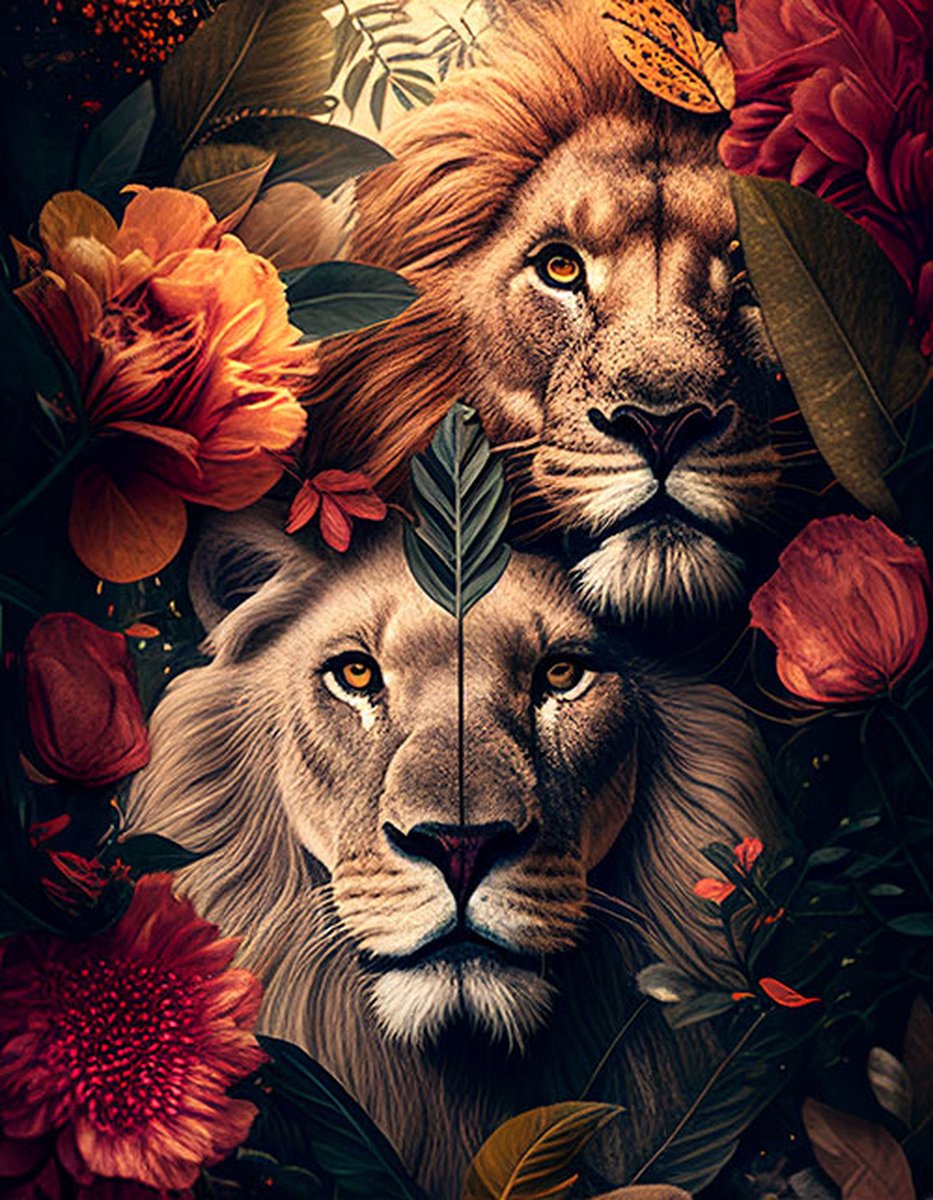AI - Woondecoratie - Poster - Dieren - Tijger en Leeuw - Bloemen en jungle - 21 - 40 x 50 cm