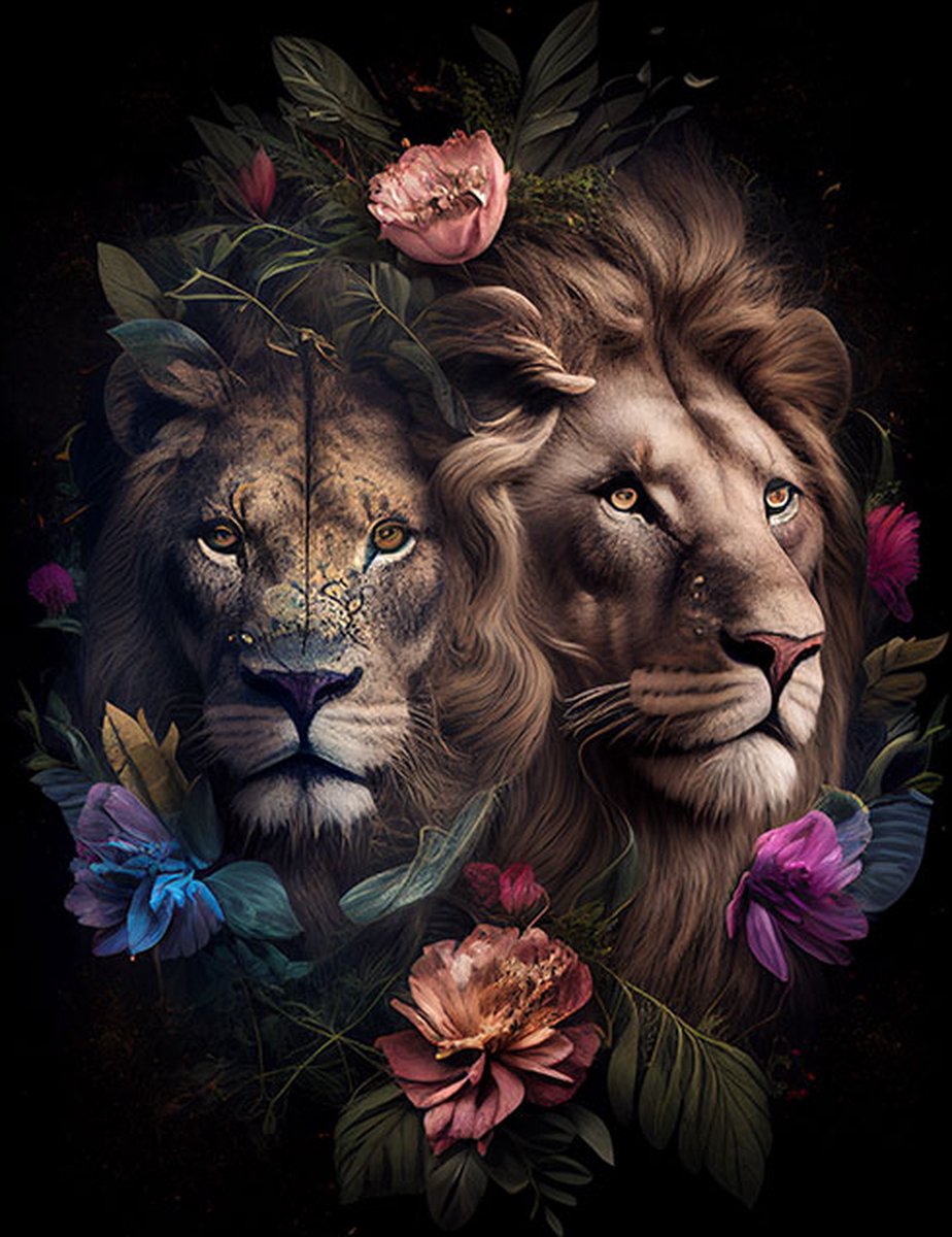 AI - Woondecoratie - Poster - Dieren - Tijger en Leeuw - Bloemen en jungle - 18 - 60 x 80 cm