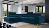 Canapé d'angle - Laurence - Fonction couchage - Rangement - Bleu foncé - Appuie-tête réglables - 278 x 205 cm