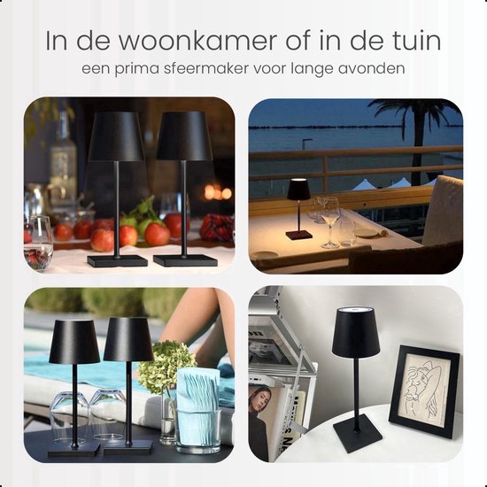 Lampe de table rechargeable - 2 pièces - Dimmable - Moderne - Sans fil - Aluminium - Câble inclus - Noir mat - Élégant