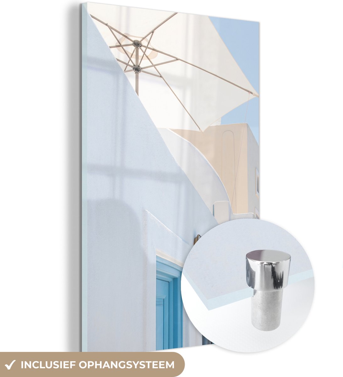 MuchoWow® Glasschilderij 40x60 cm - Schilderij acrylglas - Architectuur - Parasol - Deur - Wit - Blauw - Foto op glas - Schilderijen