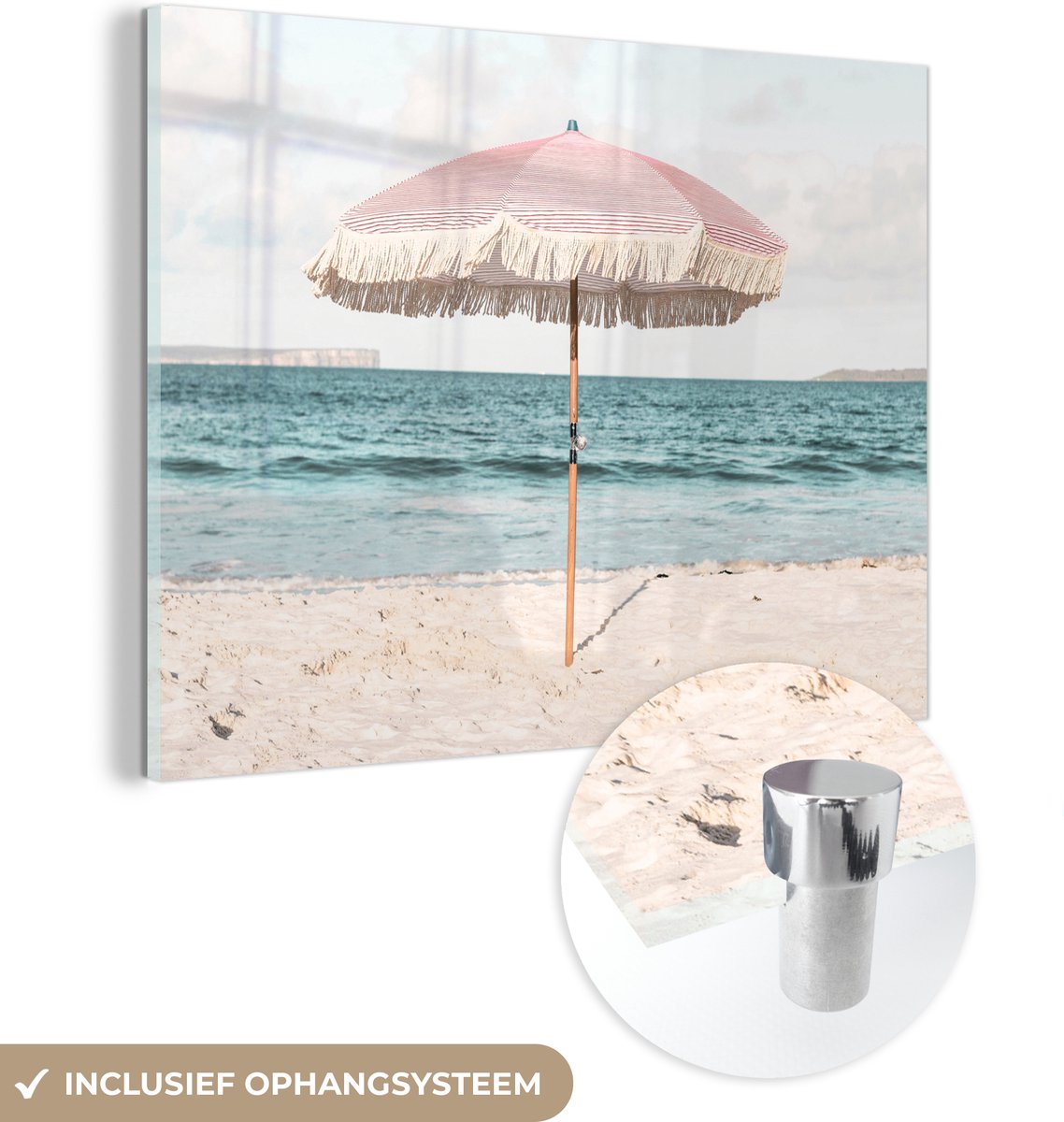 MuchoWow® Glasschilderij 120x90 cm - Schilderij acrylglas - Parasol - Strand - Zee - Wolken - Foto op glas - Schilderijen