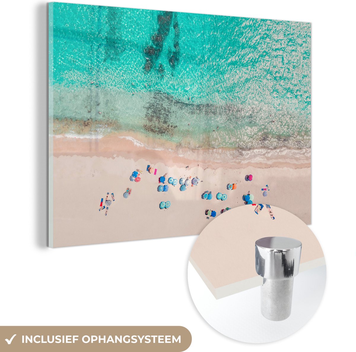 MuchoWow® Glasschilderij 60x40 cm - Schilderij acrylglas - Zee - Strand - Zomer - Parasols - Blauw - Foto op glas - Schilderijen