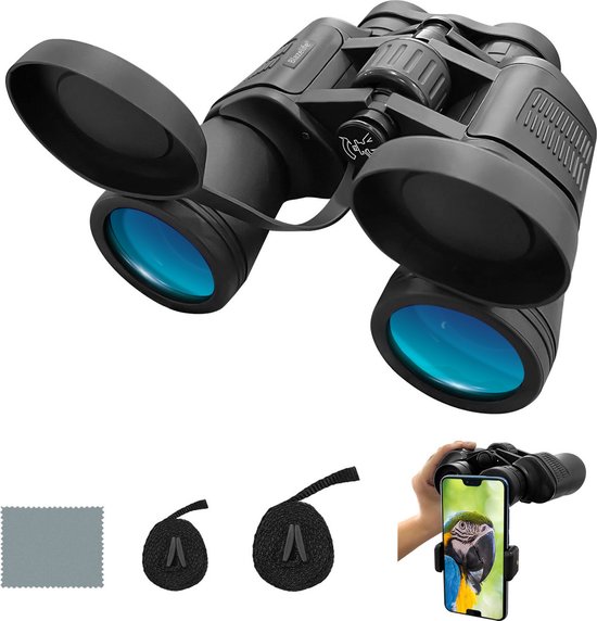 Blazelife 12x50 Verrekijker Voor Volwassene - Verrekijker Voor Vogelaars - Nachtzicht - Waterbestendig - Compacte Set met Smartphone-adapter, Draagtas, Spiegeldoek