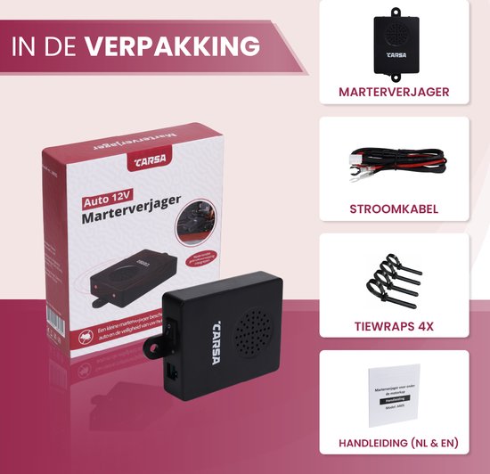 Verpakking van de Carsa 12V Marterverjager met productfoto. Inhoud: verjager, stroomkabel, 4 tie-wraps, handleiding.