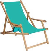 Springos - Chaise longue - Chaise de plage - Chaise longue - Réglable - Accoudoirs - Bois de hêtre - Imprégné - Handgemaakt - Turquoise