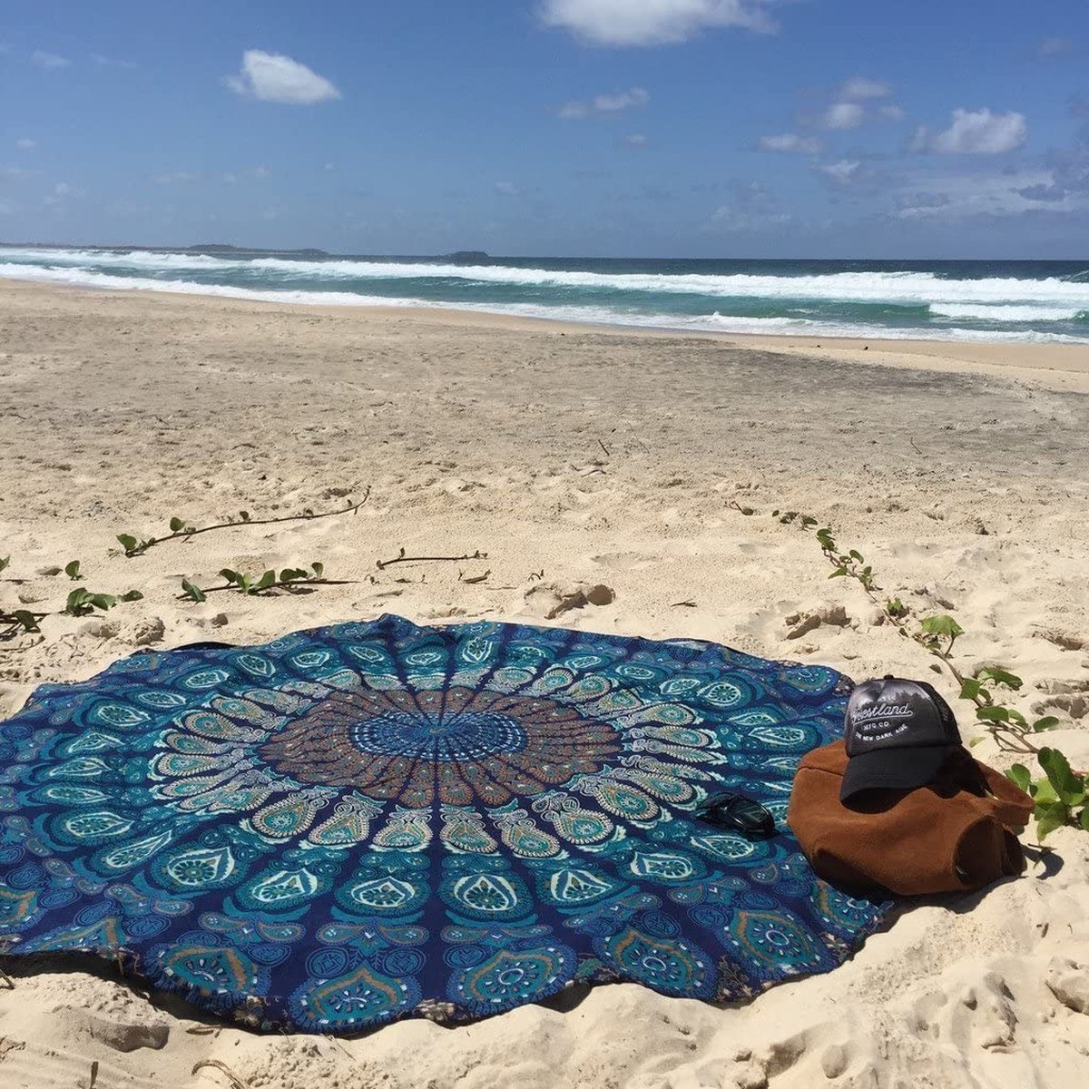 Mandala decoratie, hippie stijl, sprei voor bedden, als sprei, om op te hangen, als tafelkleed, strandlaken, decoratieve wandversiering, rond, textiel, blauw, 178 cm
