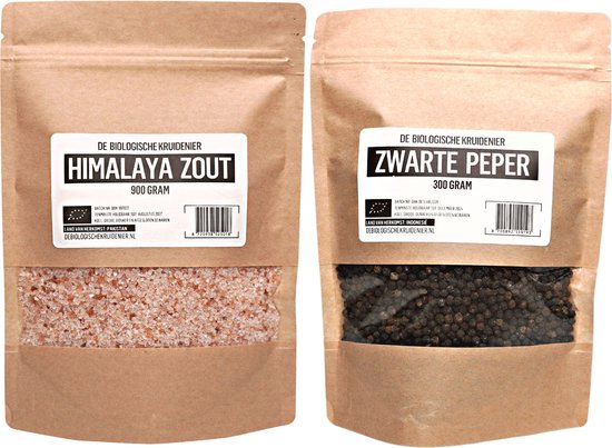 De biologische kruidenier peper & zout pakket - 300gr zwarte peperkorrels + 900gr himalaya zout