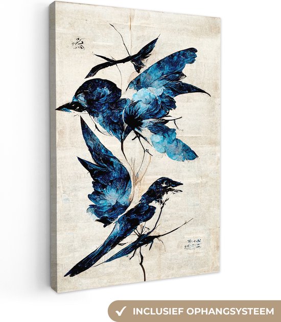 Canvas Schilderij Vogels - Dieren - Blauw - Vintage - 80x120 cm - Wanddecoratie