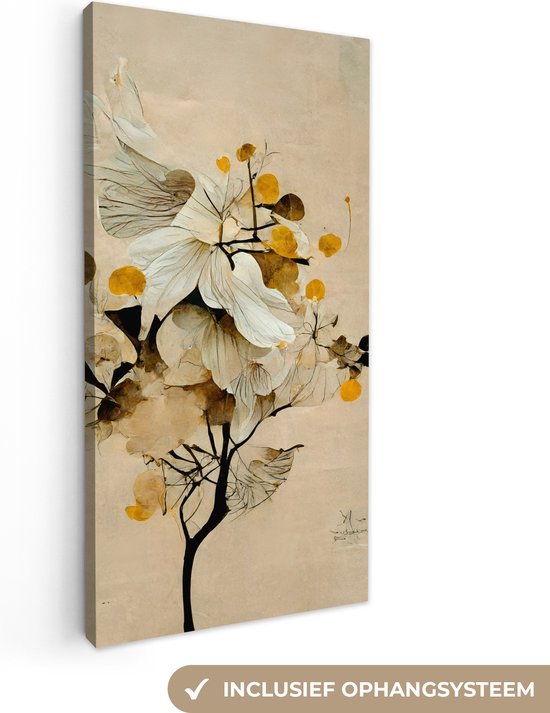 Canvas Schilderij Bloemen - Planten - Goud - Vintage - 20x40 cm - Wanddecoratie