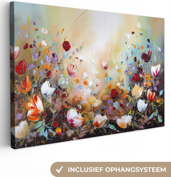 Canvas Schilderij Olieverf - Bloemen - Kleurrijk - Natuur - 120x80 cm - Wanddecoratie