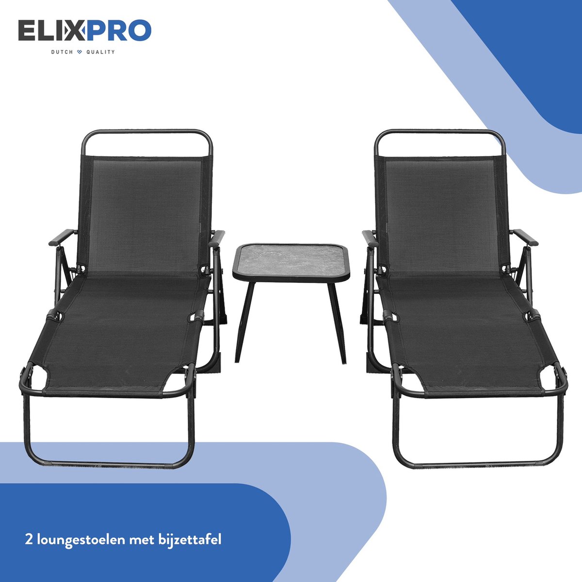 ElixPro - Ligstoel 2x inclusief bijzet tafel - Loungeset - Tuinset - Ligbed - Zonnebed - Verstelbare rugleuning - Inklapbaar - Zwart