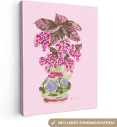 Canvas Schilderij Bloemen - Vaas - Roze - Planten - 30x40 cm - Wanddecoratie