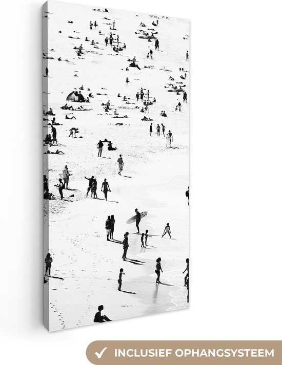 Canvas Schilderij Strand - Zee - Mensen - Zwart wit - 40x80 cm - Wanddecoratie