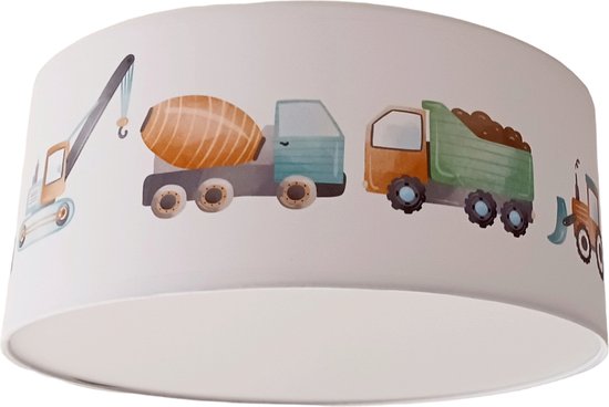 Plafonnier véhicules - lampes - grue, tracteur, bétonnière, camion à benne basculante - chambre d'enfant et de bébé - plastique - blanc - sans source lumineuse