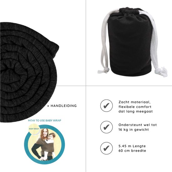 Baby Draagdoek - Babywrap - Baby Carrier - Babydrager - Buikdrager Baby – Baby Draagzak - Baby Sling | Ergonomisch | Met Tasje | Zwart