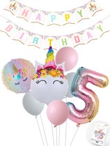 Eenhoorn Unicorn Sweet Color Feestpakket inclusief DIY Happy Birthday Slinger - Snoes - Cijfer Ballon 5 Jaar - Roze - Wit - Pastel