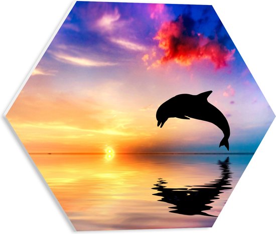 WallClassics - PVC Schuimplaat Hexagon - Zonsondergang bij Silhouet van Dolfijn boven Water in Kleurrijke Omgeving - 40x34.8 cm Foto op Hexagon (Met Ophangsysteem)