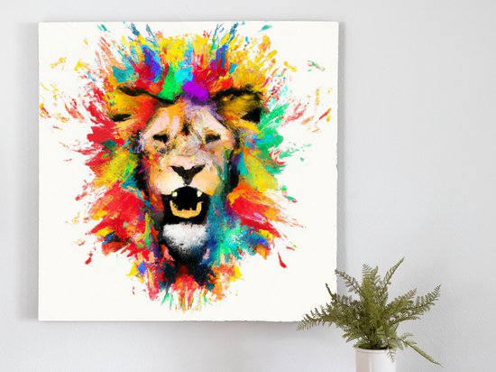Rainbow Roaring Lion kunst - 80x80 centimeter op Canvas | Foto op Canvas - wanddecoratie