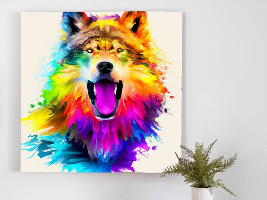 Wolf in a Rainbow Storm kunst - 100x100 centimeter op Canvas | Foto op Canvas - wanddecoratie