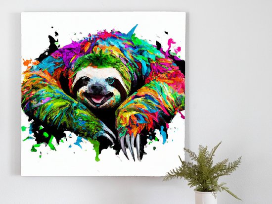 Rainbow-Hued Sloth Splendor kunst - 40x40 centimeter op Canvas | Foto op Canvas - wanddecoratie
