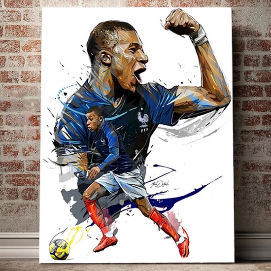Allernieuwste.nl® Canvas Schilderij - Voetbaltopper Kylian MbappÃ© - Voetbal Soccer - kleur - 50 x 70 cm