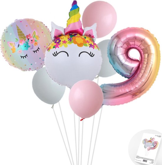 Eenhoorn Unicorn Sweet Color Ballonnen Set - Snoes - Cijfer Ballon 9 Jaar - Roze - Wit - Pastel