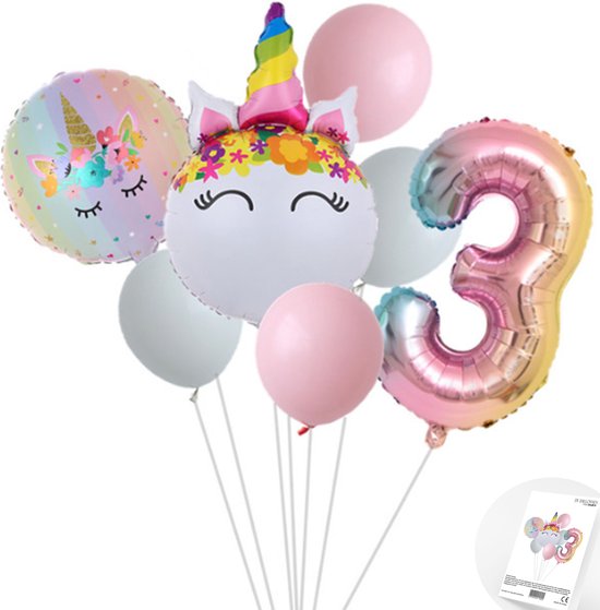 Eenhoorn Unicorn Sweet Color Ballonnen Set - Snoes - Cijfer Ballon 3 Jaar - Roze - Wit - Pastel