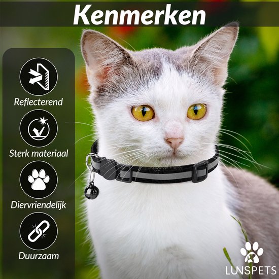 Lunspets Kattenhalsband met veiligheidssluiting - Halsband kat met veiligheidssluiting - Kattenbandje met belletje - Inclusief Adreskoker kat - Reflecterend - Zwart - voor grote & kleine katten - Lunspets