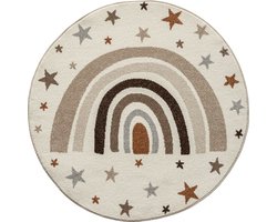 the carpet Beat Kids modern zacht kindertapijt, zachte pool, gemakkelijk te reinigen, kleurecht, regenboogmotief, crème met regenboog en sterren, 120 cm rond