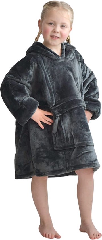 Fleece deken met capuchon & mouwen - klein kind - grijs