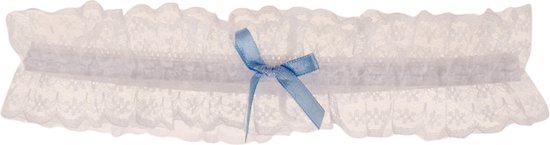 Witte Kousenband met Kant en Lichtblauw strikje