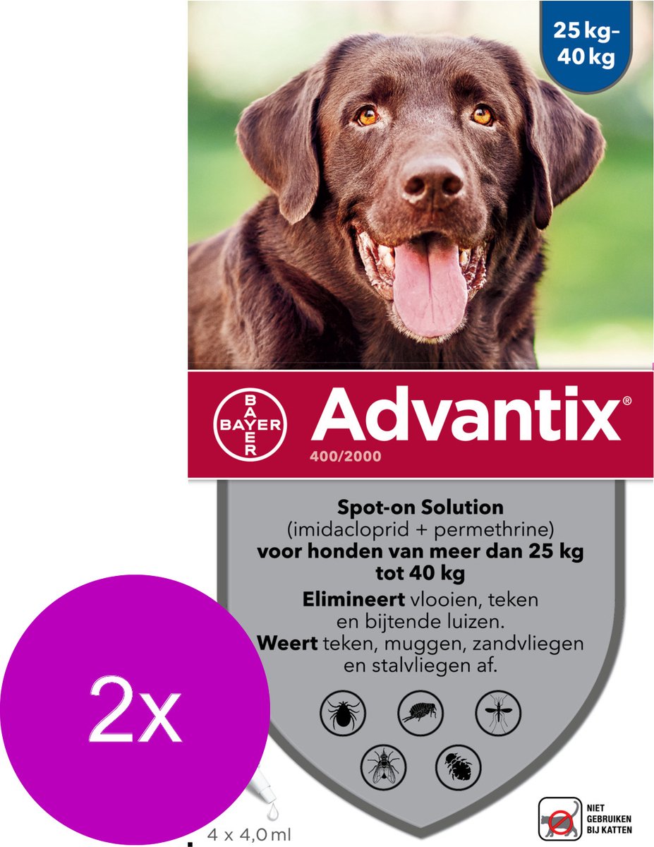 Bayer Advantix Vlooien & Teken Pipetten - Hond 25 tot 40kg - 2 x 4 stuks