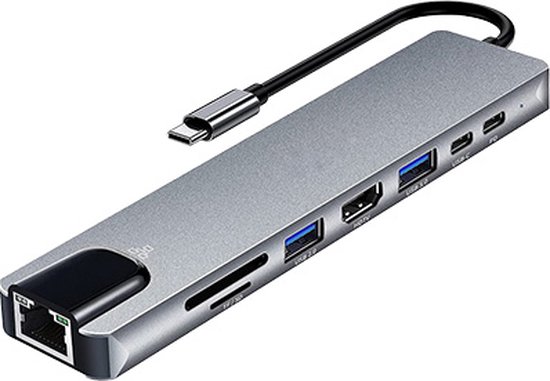 USB C Hub 3.0 Splitter 8 in 1 Met Voeding - Aluminium