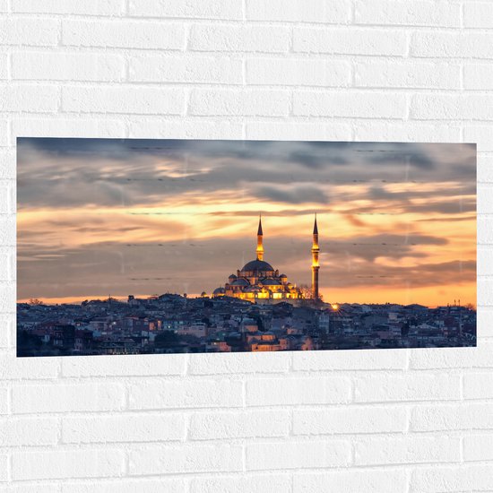 WallClassics - Muursticker - Süleymaniye-Moskee op Begin van de Avond in Istanbul, Turkije - 100x50 cm Foto op Muursticker