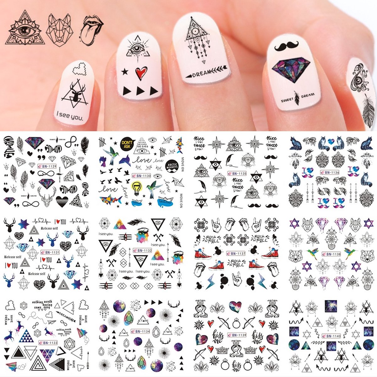 Goedkoopste 12 Stuks Nagelstickers – Zwarte Icoontjes – Nail Art Stickers